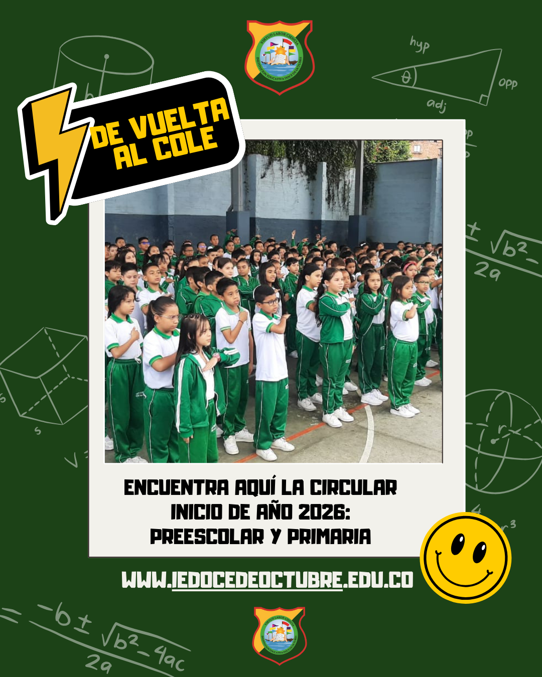 La Institución Educativa Doce de Octubre da la bienvenida al año escolar 2026 y comparte con padres de familia, acudientes y estudiantes de Preescolar y Básica Primaria la Circular Informativa de Inicio de Año.